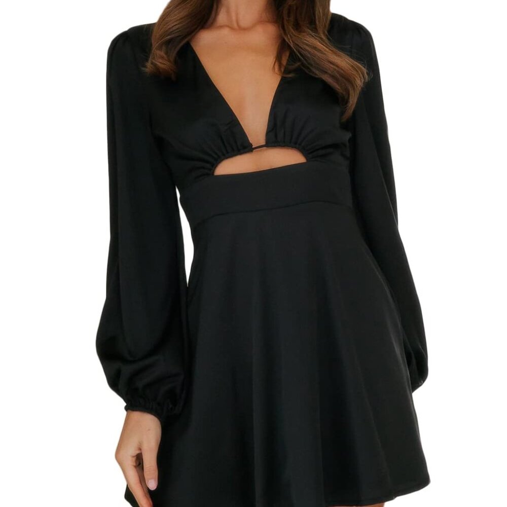 Satin Mini Dress Deep V-Neck Long Lantern Sleeves Elegant Party Wear